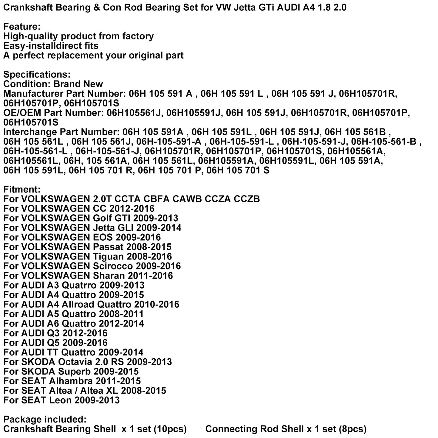 VOLKSWAGEN 2.0T CCTA CBFA CAWB CCZA CCZB Crankshaft Bearing & Con Rod Bearing Set