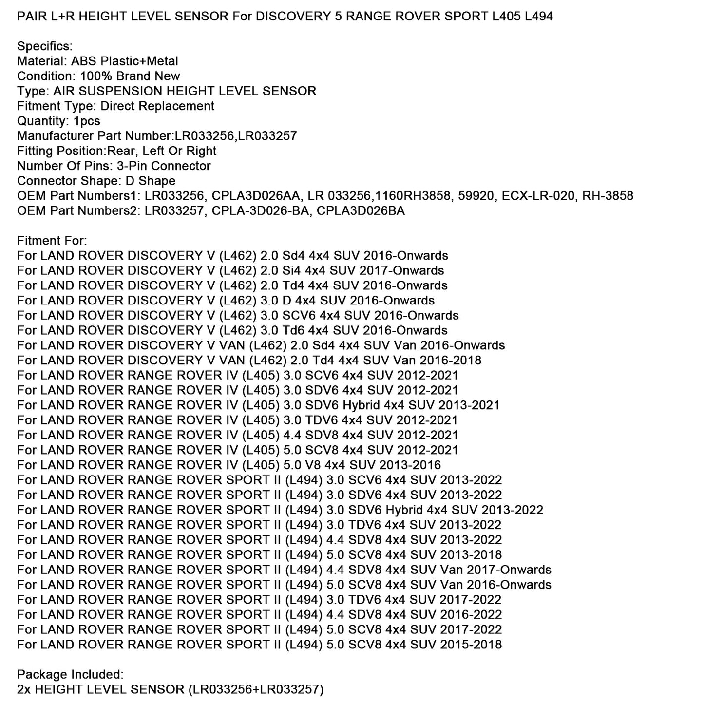 Pair F&R Height Level Sensor For Discovery 5 Range Rover Sport L405 L494