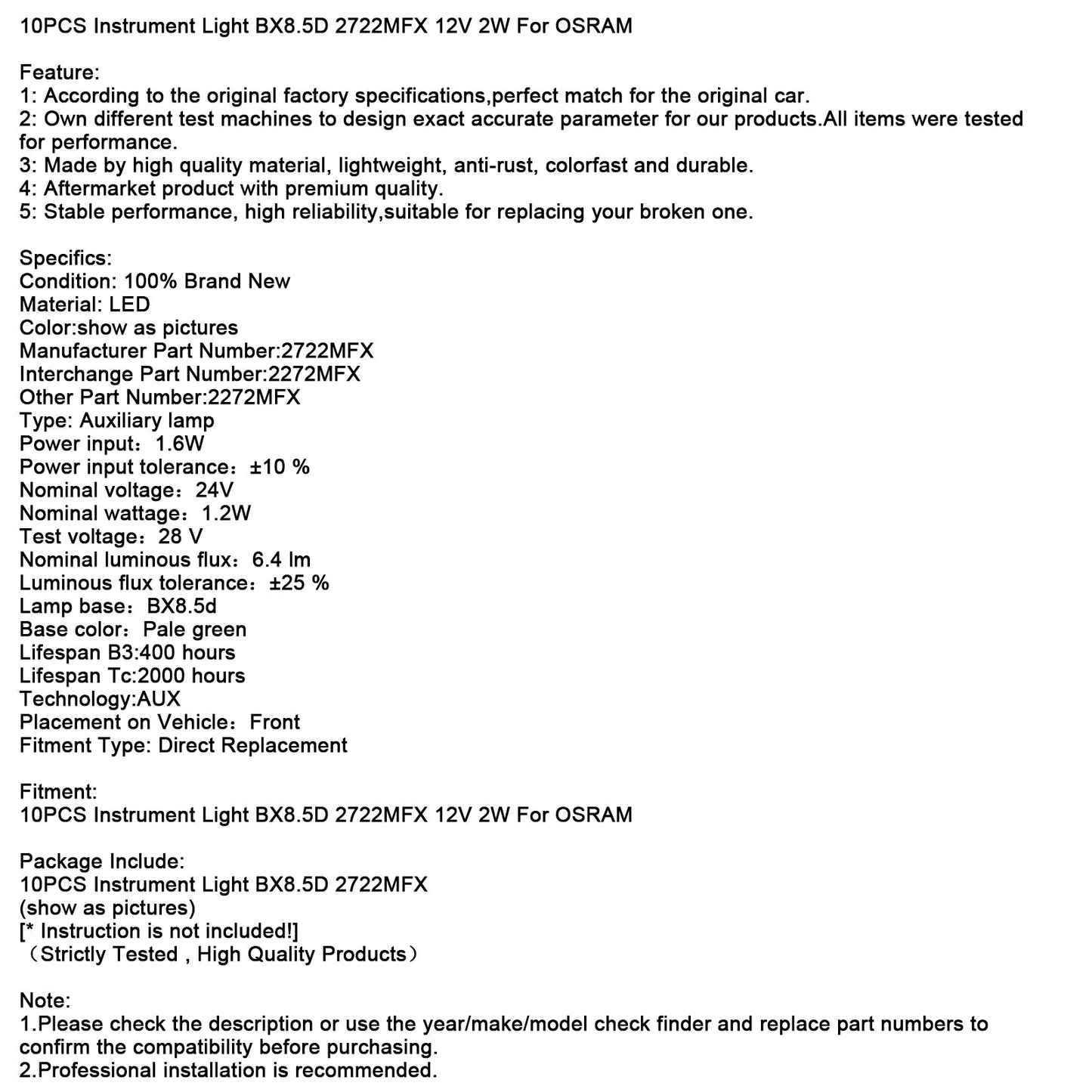 10PCS Instrument Light B8.5D 2741MFX 24V 1.2W For OSRAM