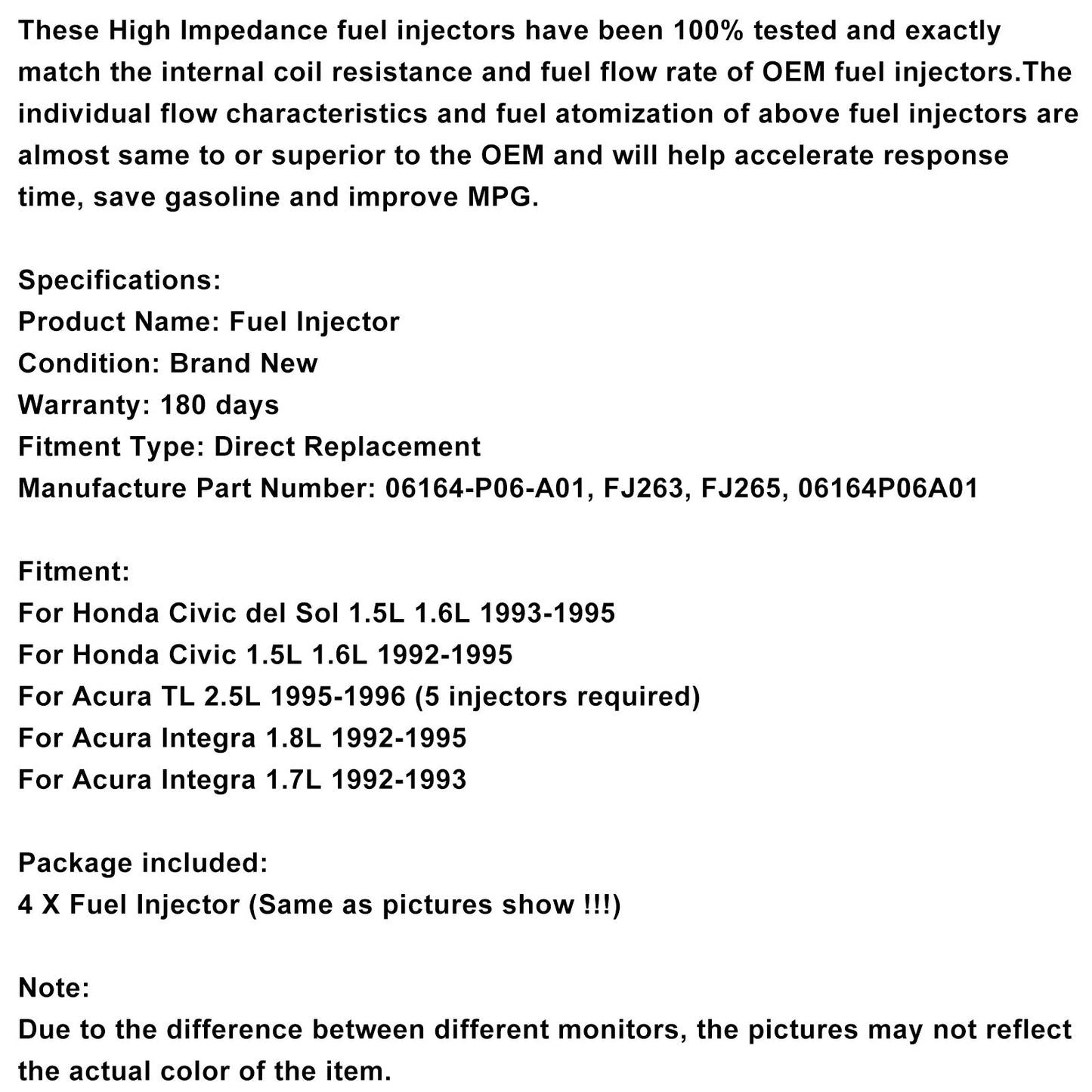 4PCS Fuel Injector 06164-P06-A01 Fit Civic Del Sol 1.5L 1.6L Integra 1.7L 1.8L