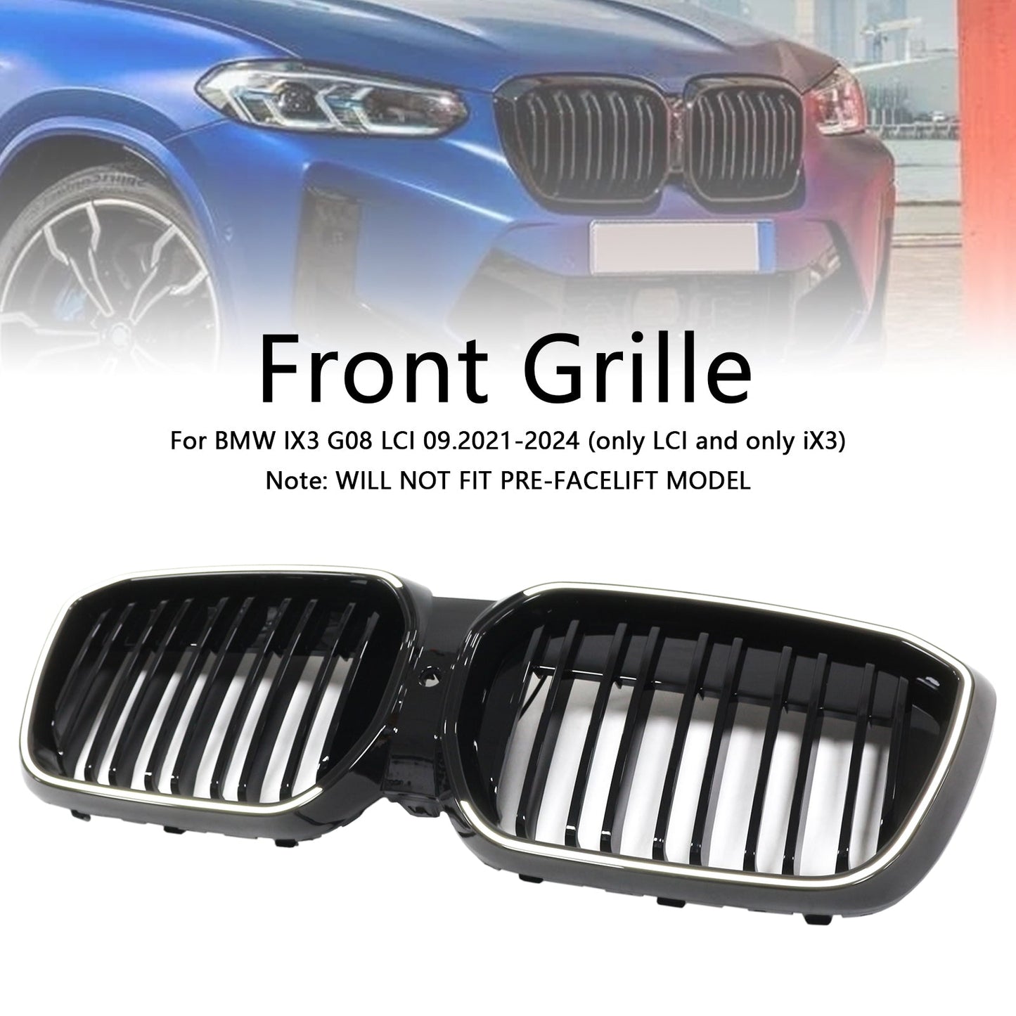 2022-2024 BMW IX3 G08 LCI Double Slat Gloss Black Front Kidney Grill Grille