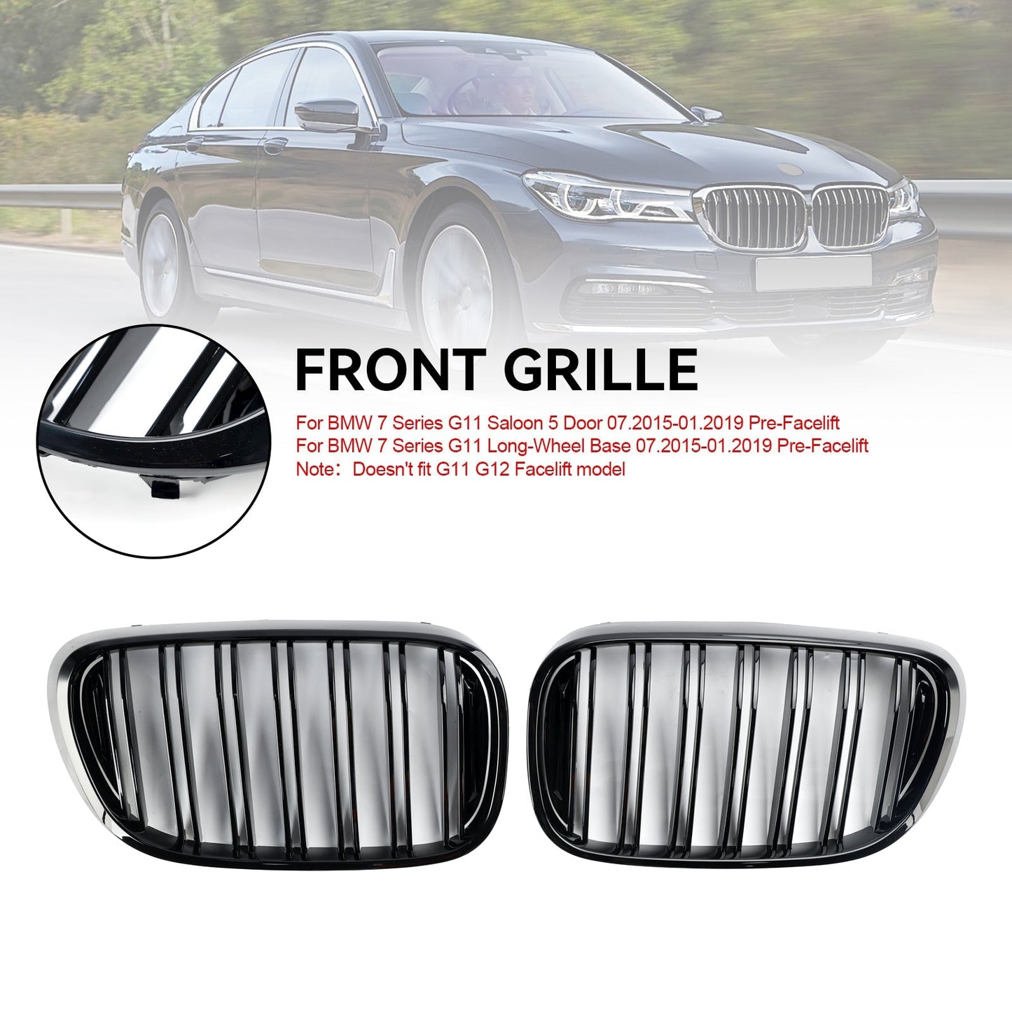 07.2015-01.2019 BMW 7 Series G11 Saloon 5 Door Pre-Facelift Black 2 Slat Front Kidney Grill Grille