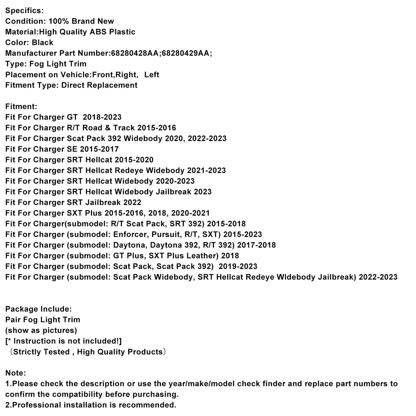 Pair Fog Light Bezel For Dodge Charger 2015-2022 68280428AA