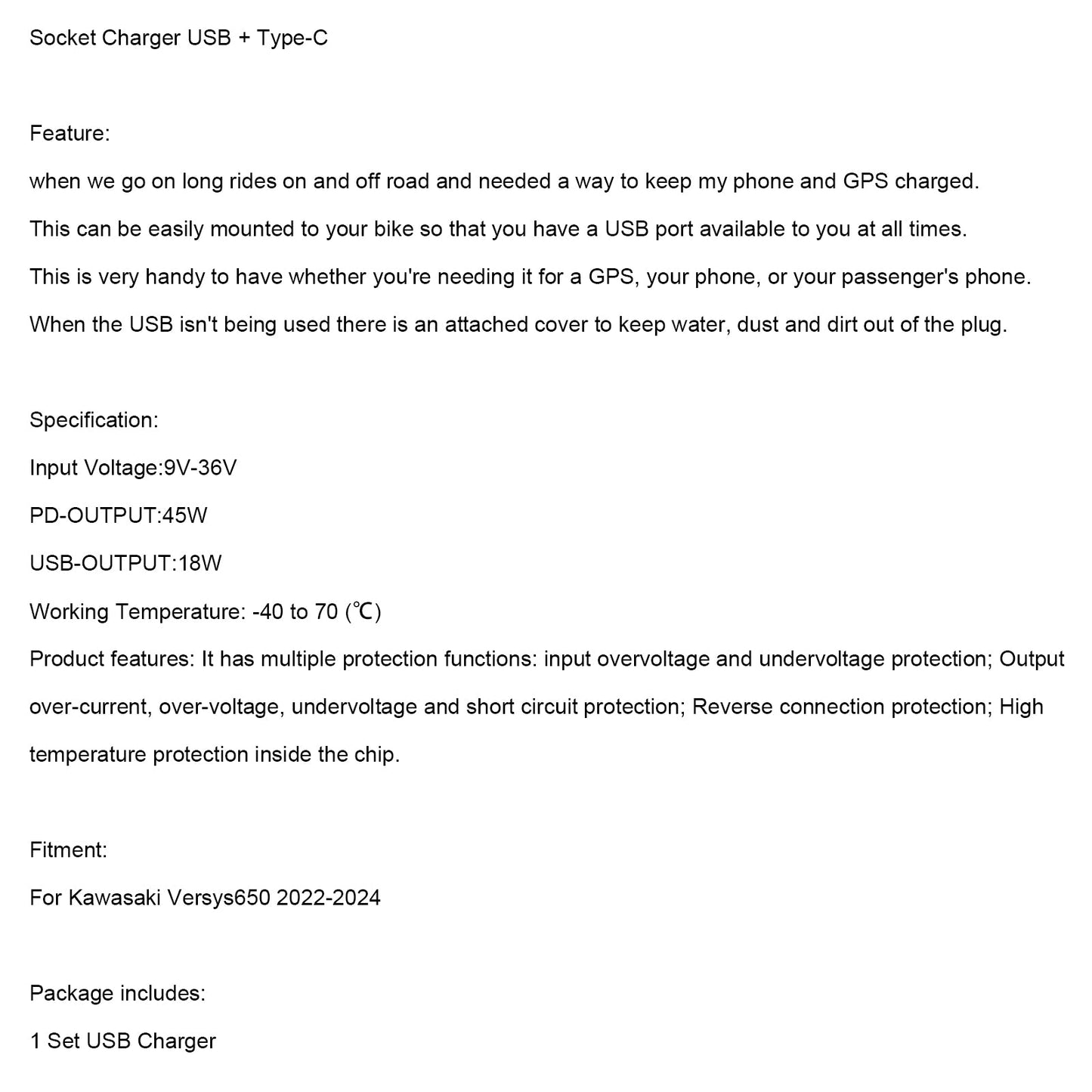 2022-2024 Kawasaki Versys 650 Right Socket Charger USB + Type-C Quick