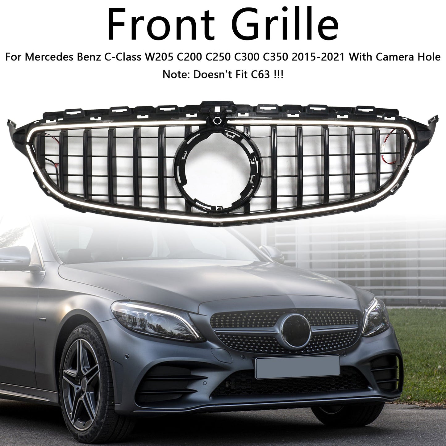 2015-2021 Mercedes W205 C250 C300 W/LED Black Front Bumper Grill Grille