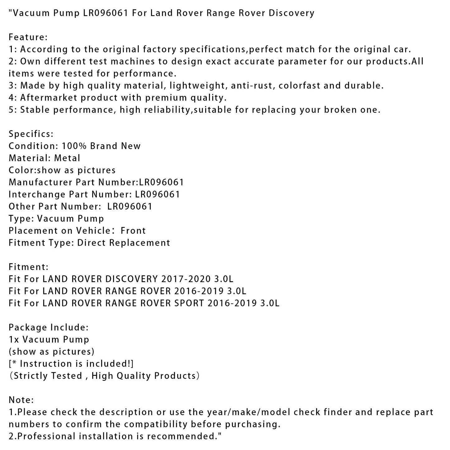 2016-2019 LAND ROVER RANGE ROVER 3.0L Vacuum Pump LR096061