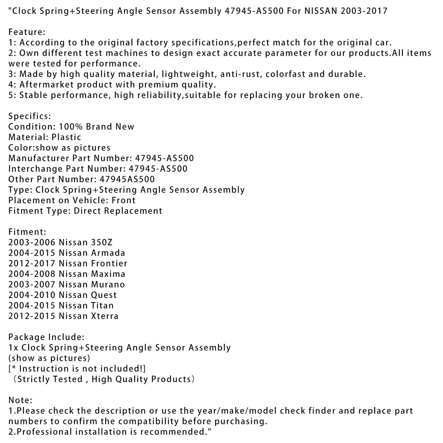 2012-2017 Nissan Frontier Clock Spring+Steering Angle Sensor Assembly 47945-AS500 47945AS500