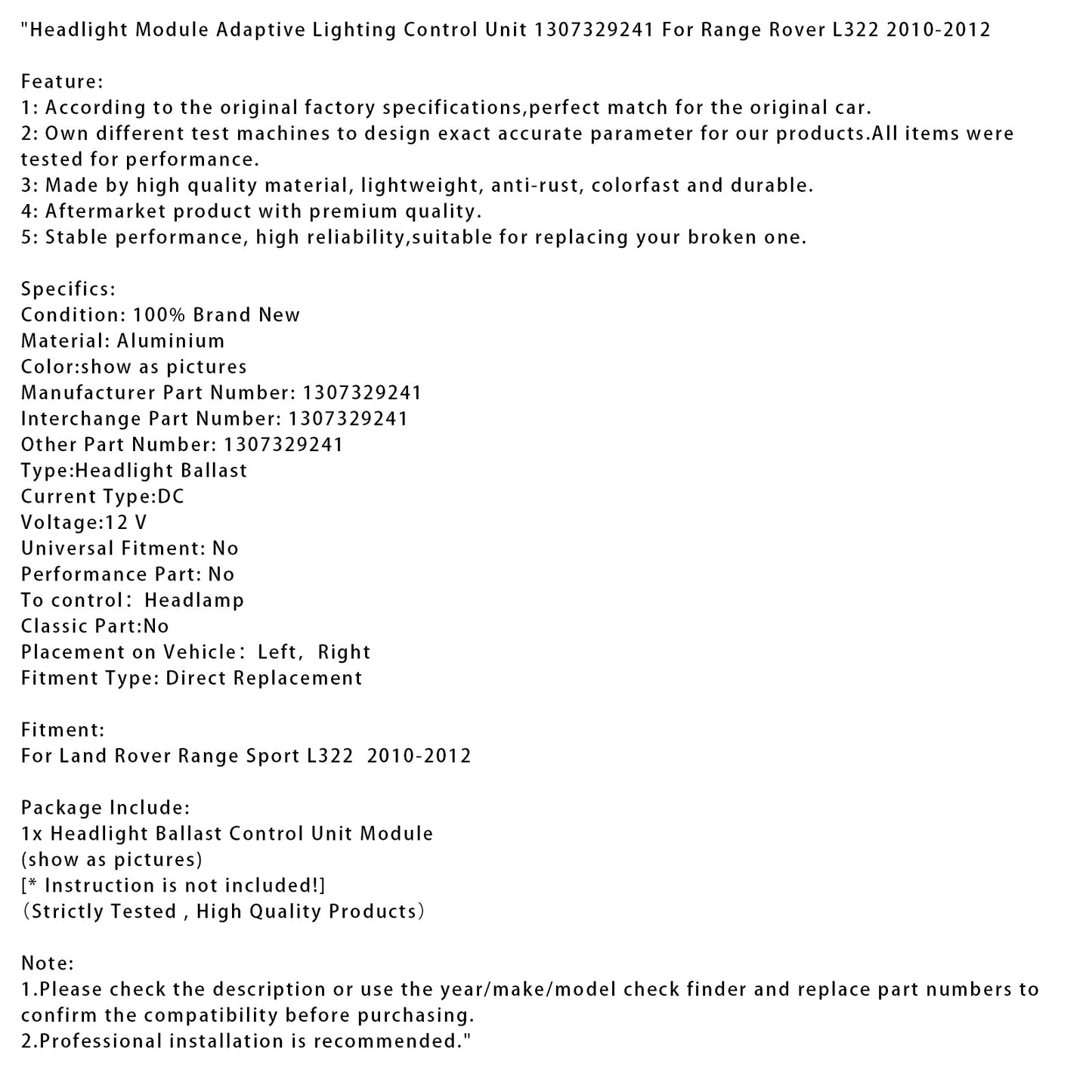 2010-2012 Land Rover Range Sport L322 Headlight Module Adaptive Lighting Control Unit 1307329241