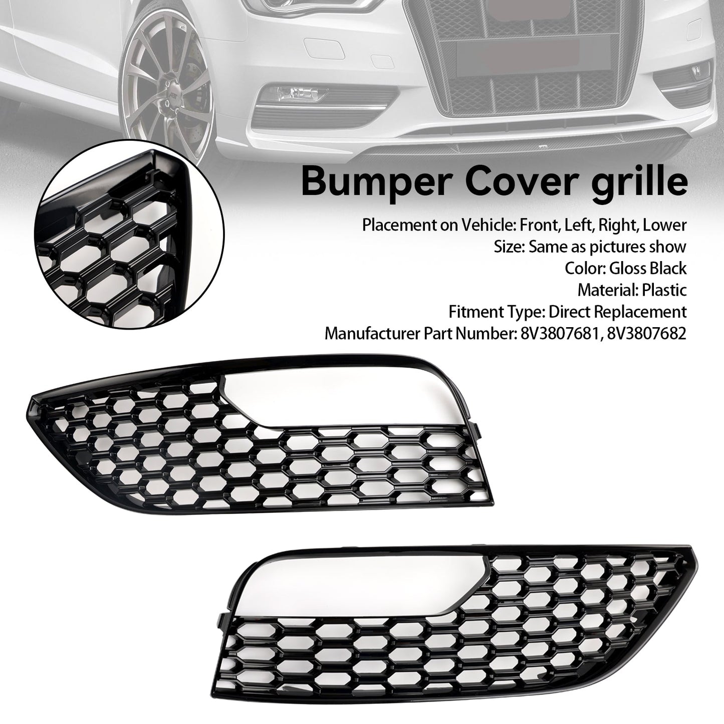 2012-2016 Audi A3 S3 Mesh Front Bumper Fog Light Surround Cover Grille 2PCS