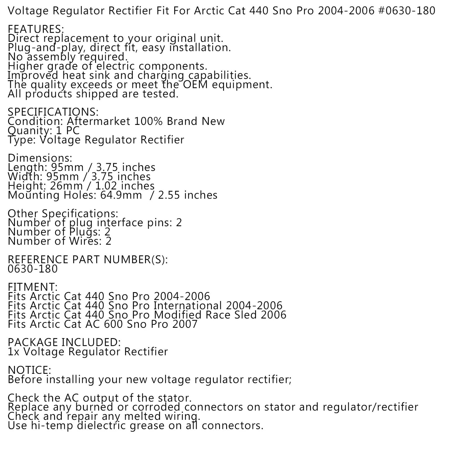 Regulator Voltage Rectifier Fit for Arctic Cat 440 Sno Pro 431cc 04-06 0630-180