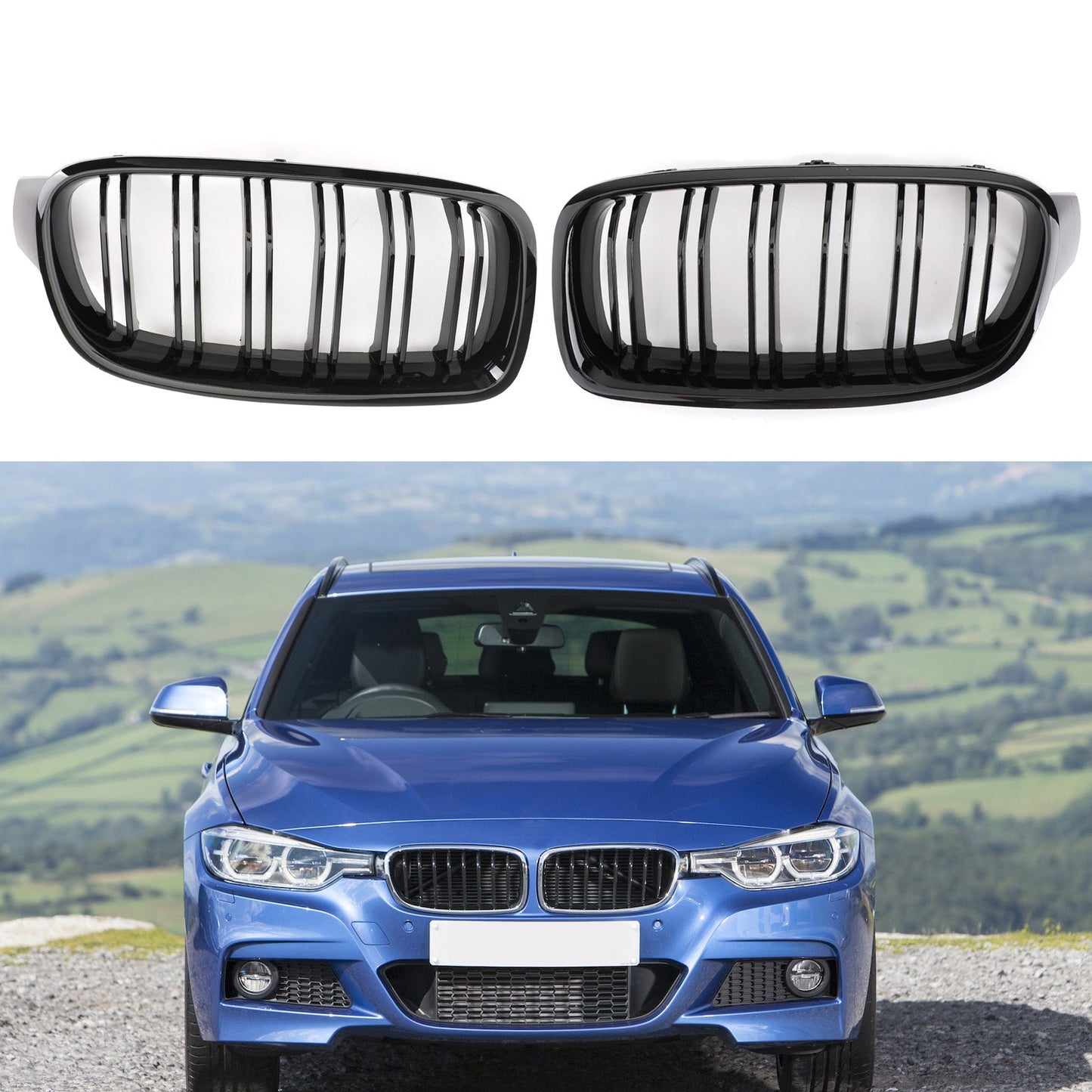 Gloss Black Front Kidney Grille Fit BMW 3 Series F30 F35 2012-2017 Dual Slats