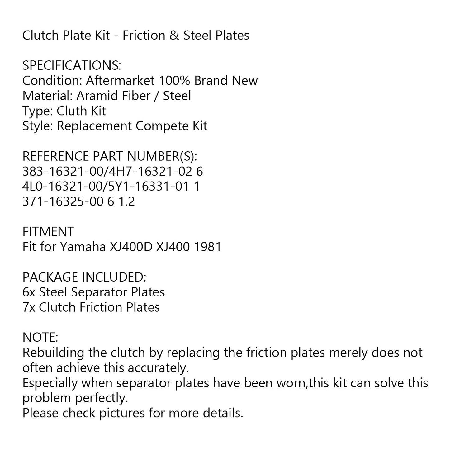 Clutch Plate Kit - Friction & Steel Plates For Yamaha XJ400D XJ400 1981