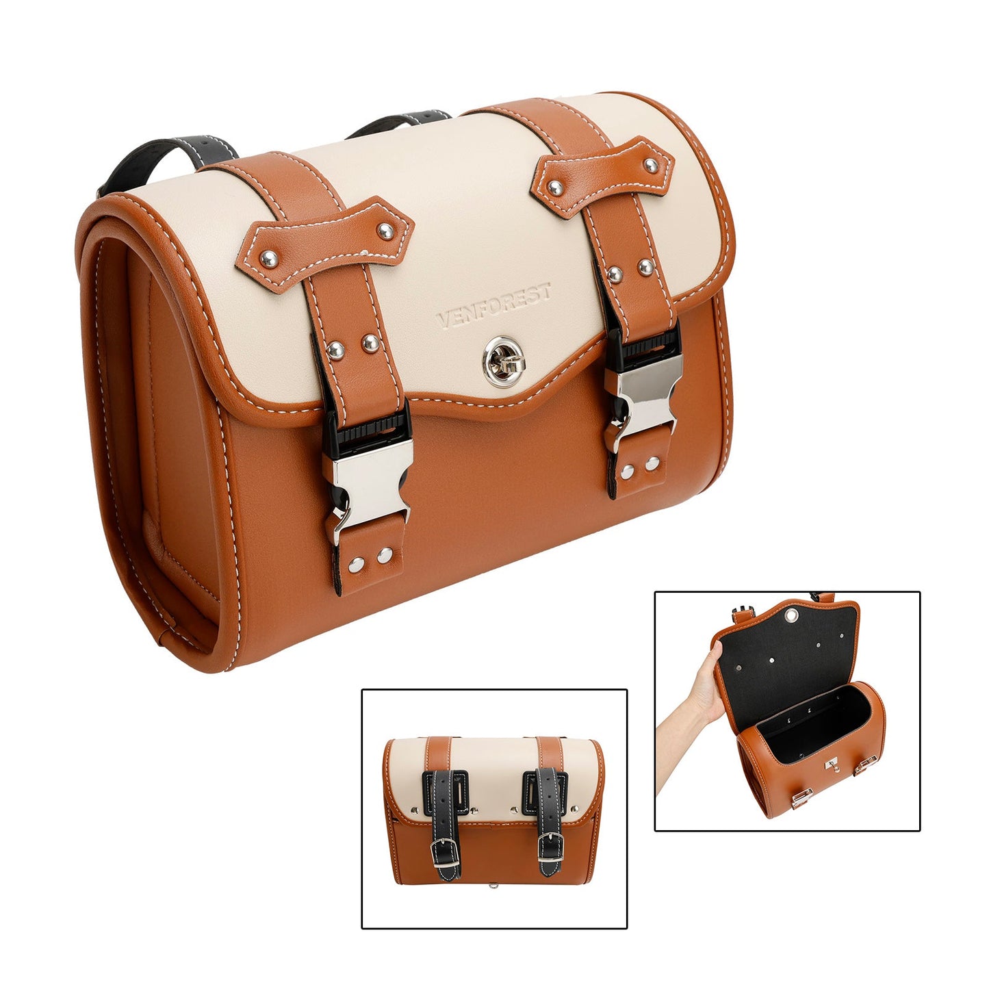 Saddlebag Side Storage Tool Bag Universal Color Matching Pu For Motorcycle Brown-White