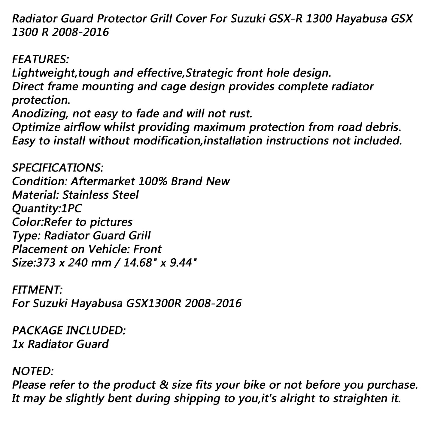 Radiator Guard Protector Cover For Suzuki Hayabusa GSX1300R 08-16 Black