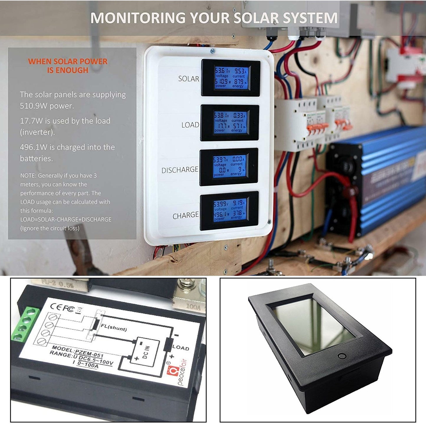 100A DC Digital Watt KWH Current Power Energy Meter Ammeter Voltmeter 100V