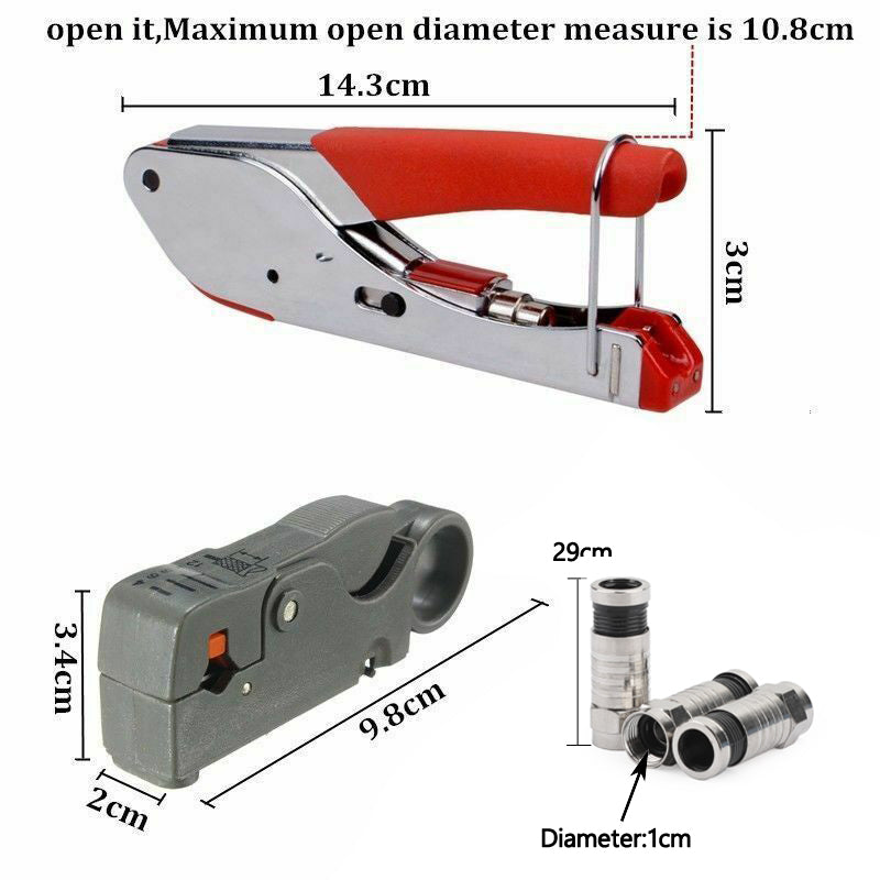 F-Type Compression Stripper Tool Coaxial Crimper + 10PCS RG6 Crimp Connectors