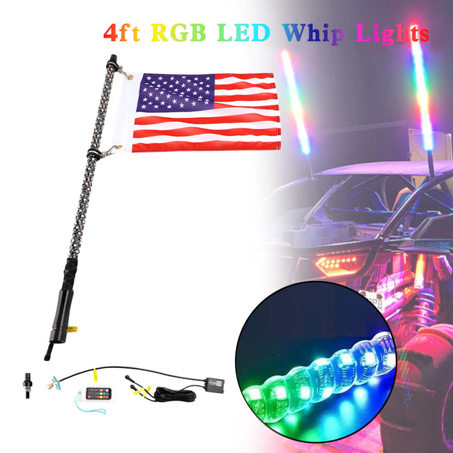 4ft RGB LED APP Whip Lights Antenna W/ Flag Remote Control For Polaris UTV ATV