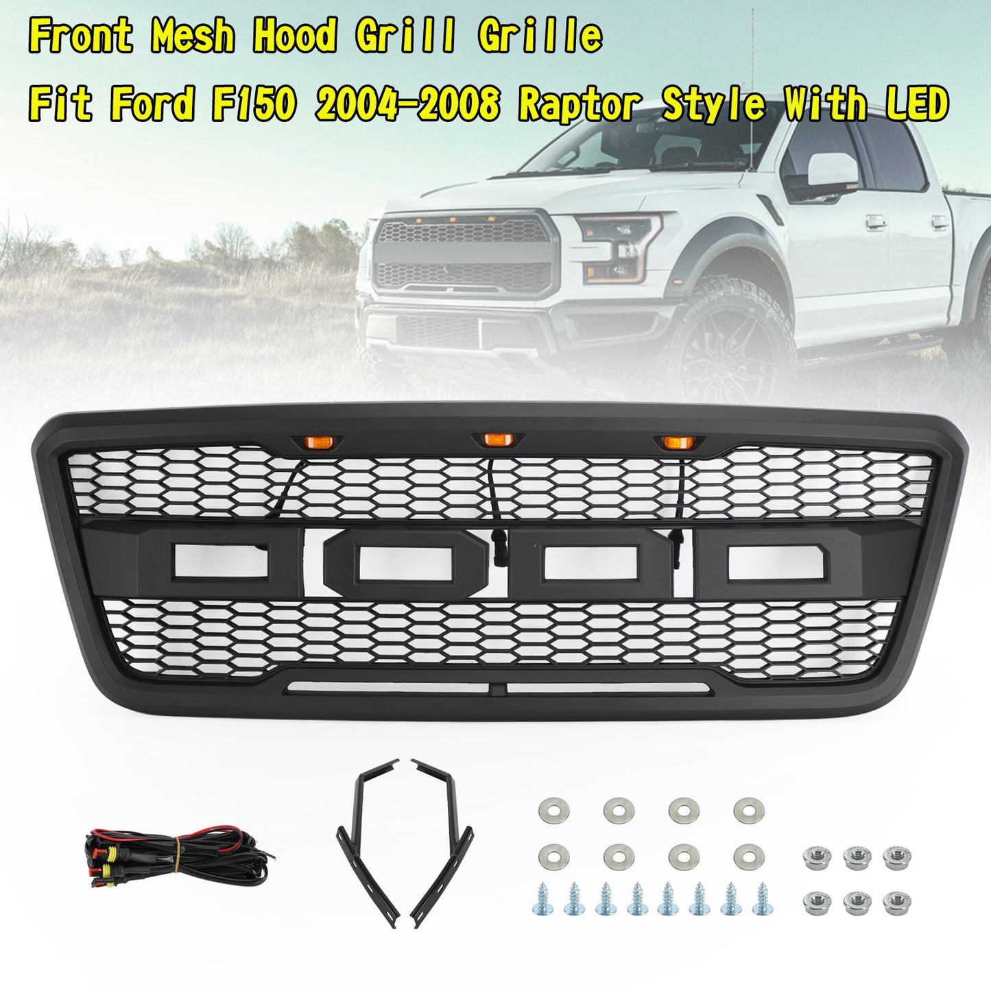 Front Mesh Hood Grill Grille For Ford F150 2004-2008 Raptor Style With LED