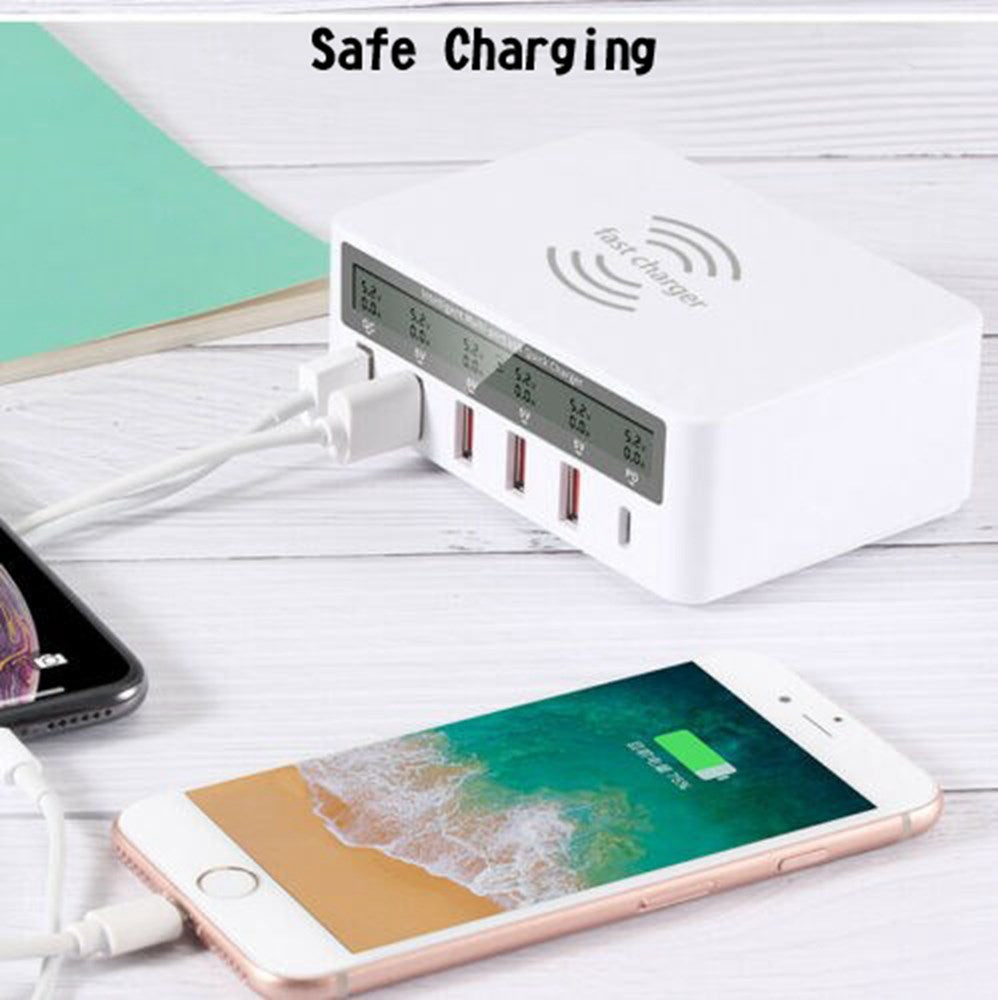 Multiport Quick USB Charger Station With Wireless Charging Pad LCD Display EU