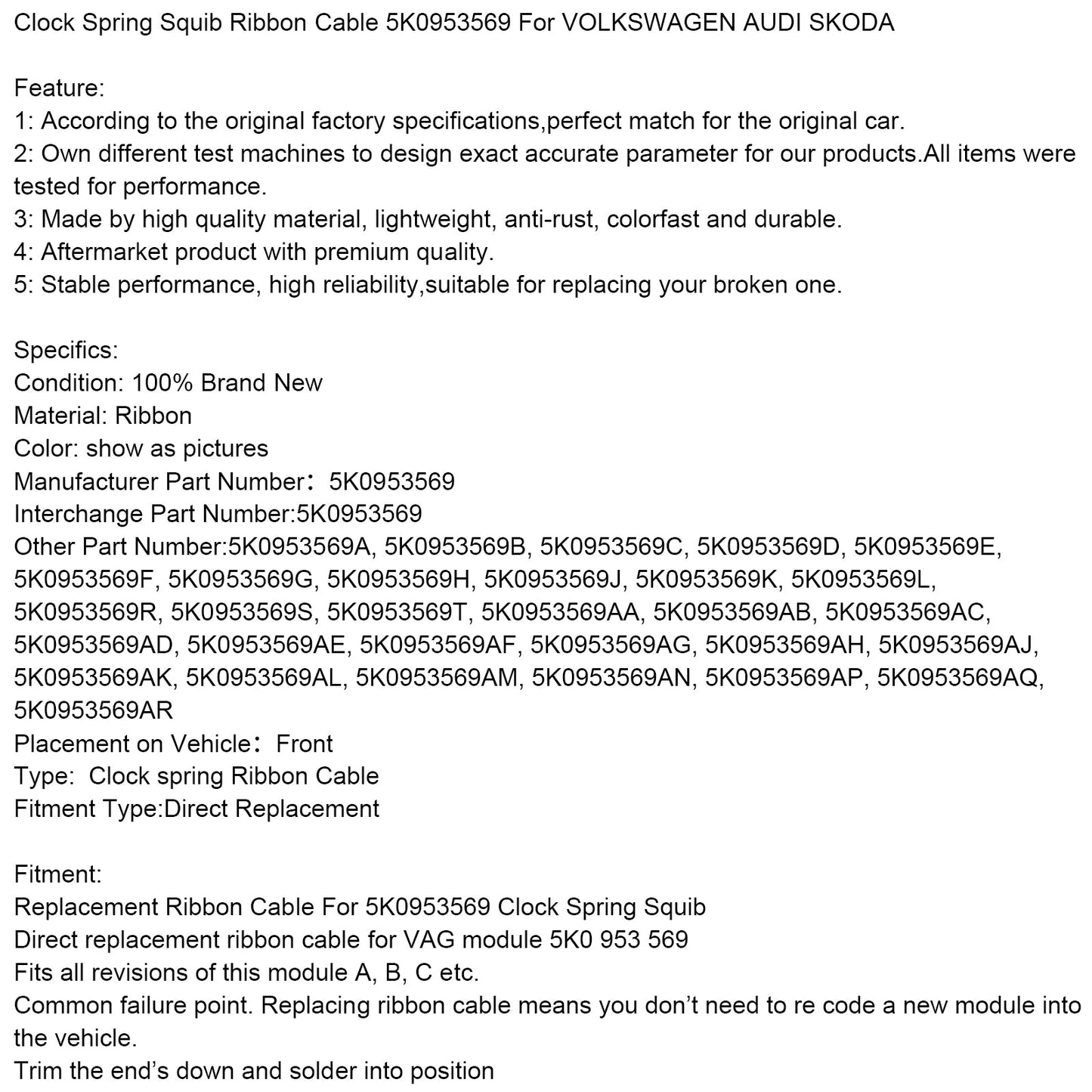 VOLKSWAGEN AUDI SKODA Clock Spring Squib Ribbon Cable 5K0953569