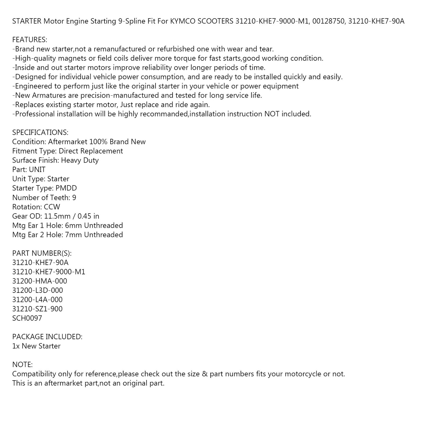 Starter Motor fit for KYMCO Bet & Win Xciting People Persone 250 31210-KHE7-90A