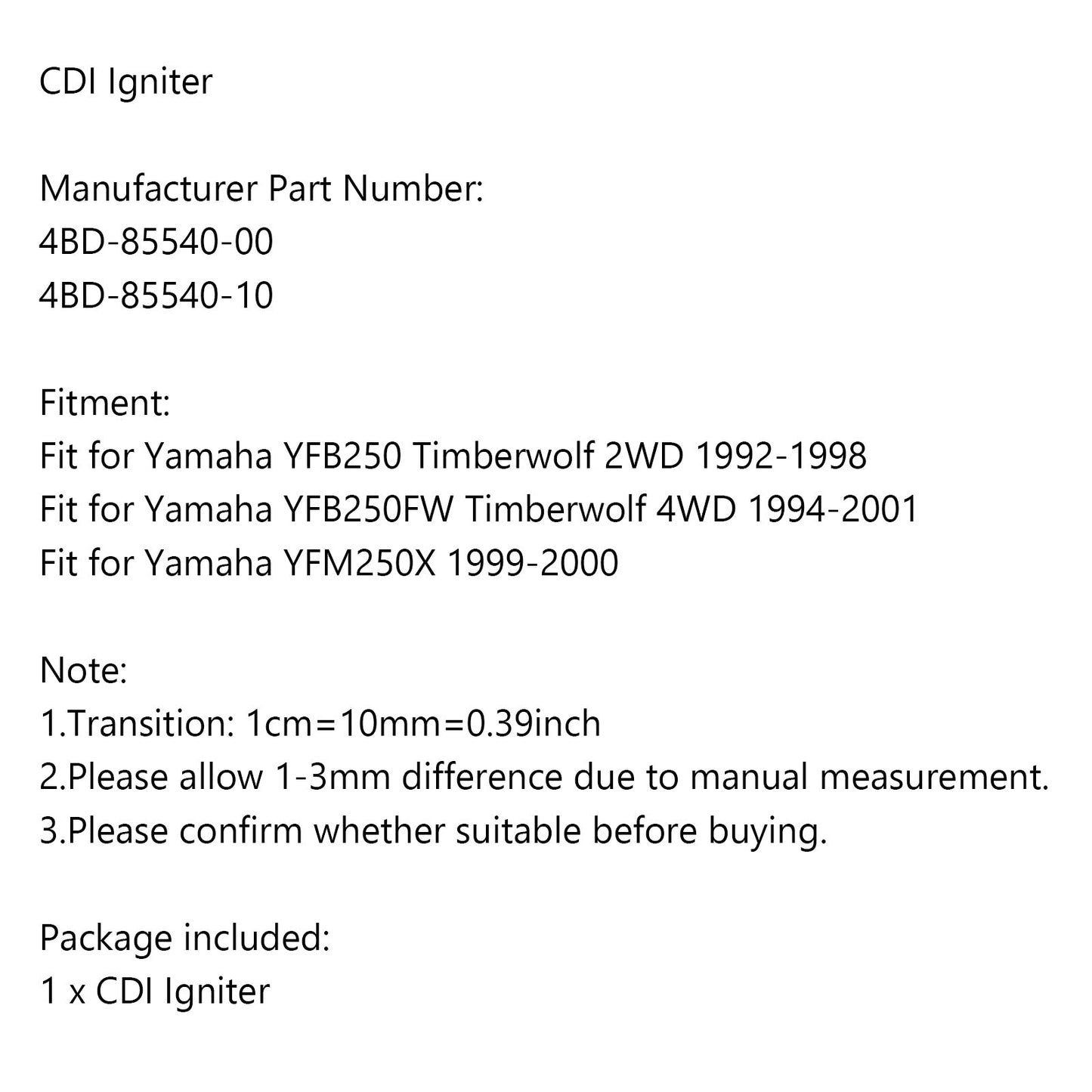 CDI Igniter For Yamaha YFB250 Timberwolf 2WD 1992-1998 YFB250FW Timberwolf 4WD 1994-2001 YFM250X 1999-2000