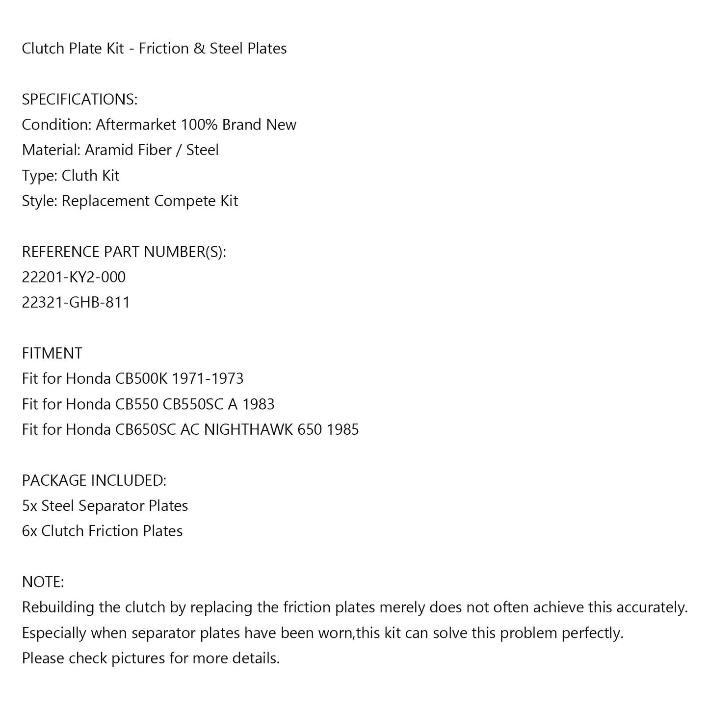 Clutch Plate Kit - Friction & Steel Plates For Honda CB500K 1971-1973 CB550 CB550SC A 1983 CB650SC AC NIGHTHAWK 650 1985