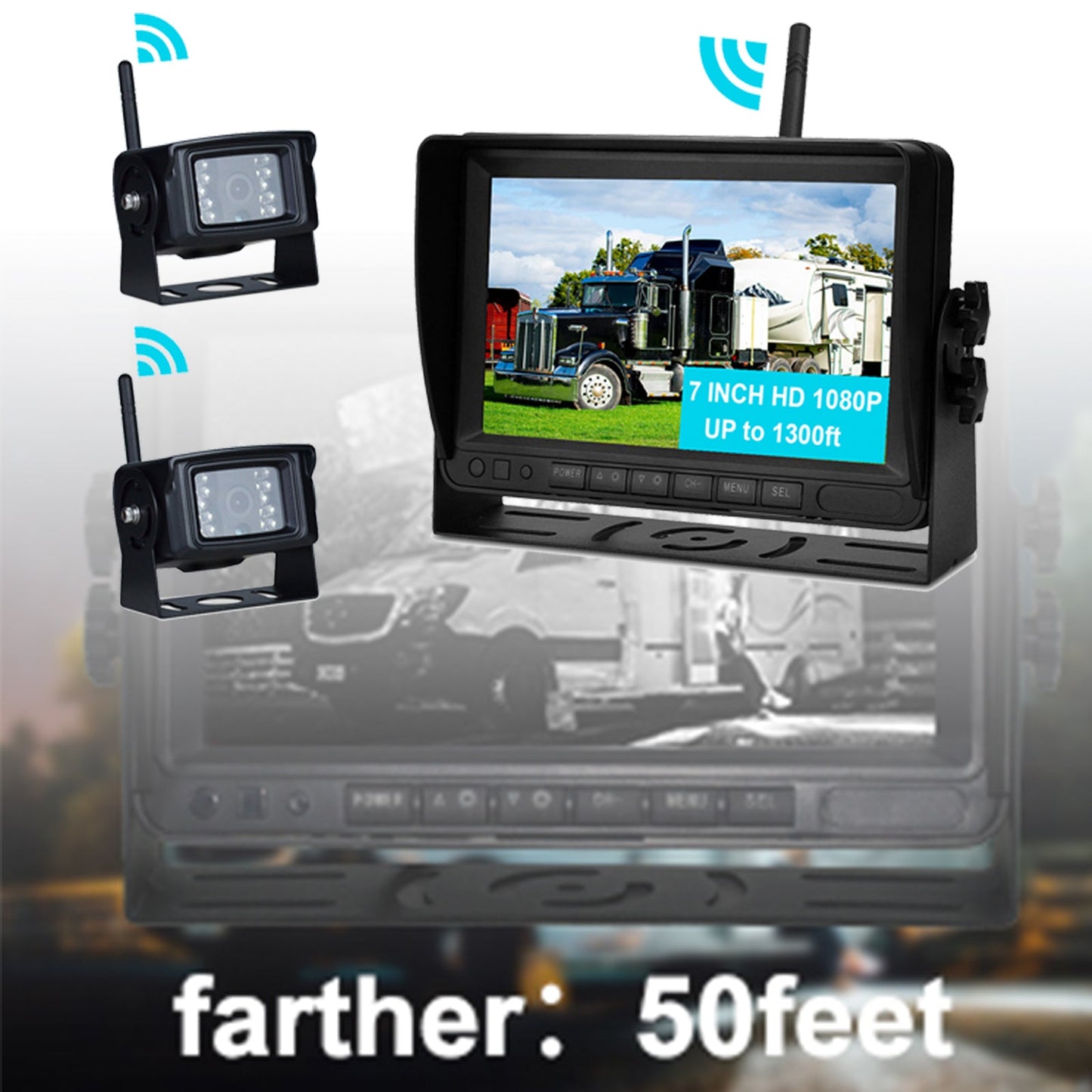 7" Display AHD 1080P Wireless 2CH Rear View Backup Camera Kit for Truck Trailer