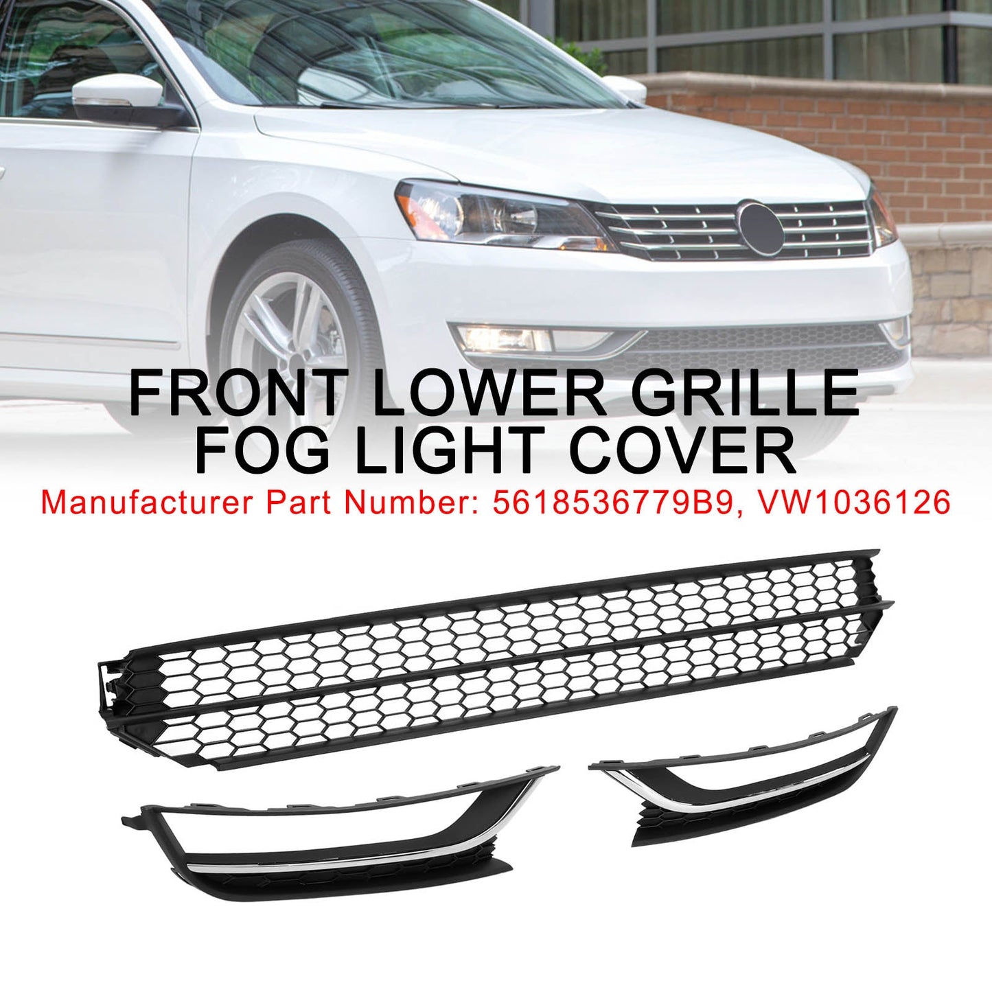 VW Passat 2012-2015 Front Lower Grille Grill Fog Light Cover Black & Chrome
