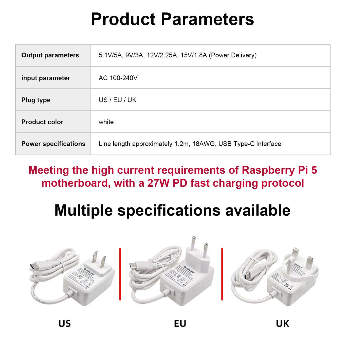 Raspberry Pi 5 Power Adapter USB-C Interface 27W Power 5V5A Full Current
