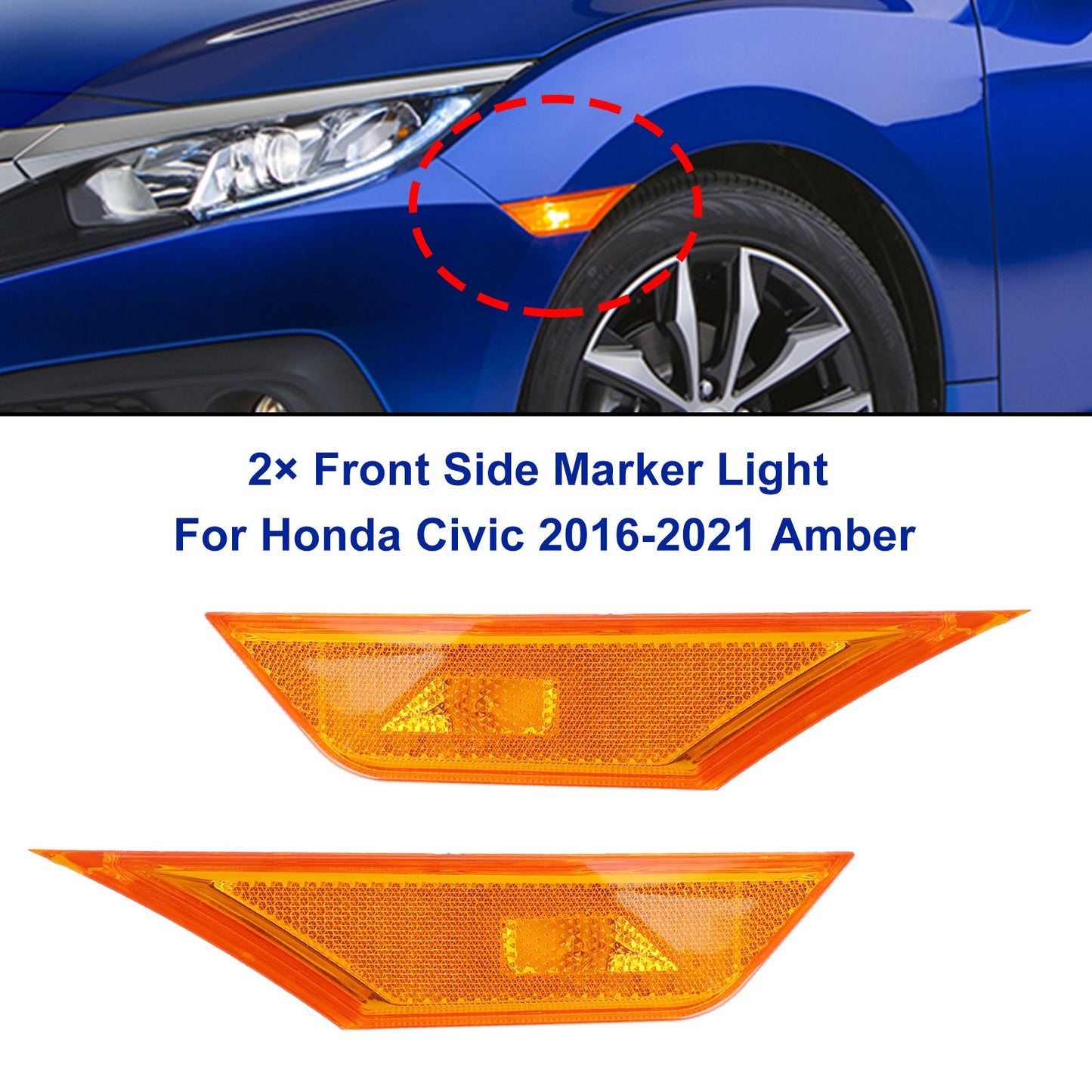2× Front Side Marker Light For Honda Civic 2016-2021 Amber