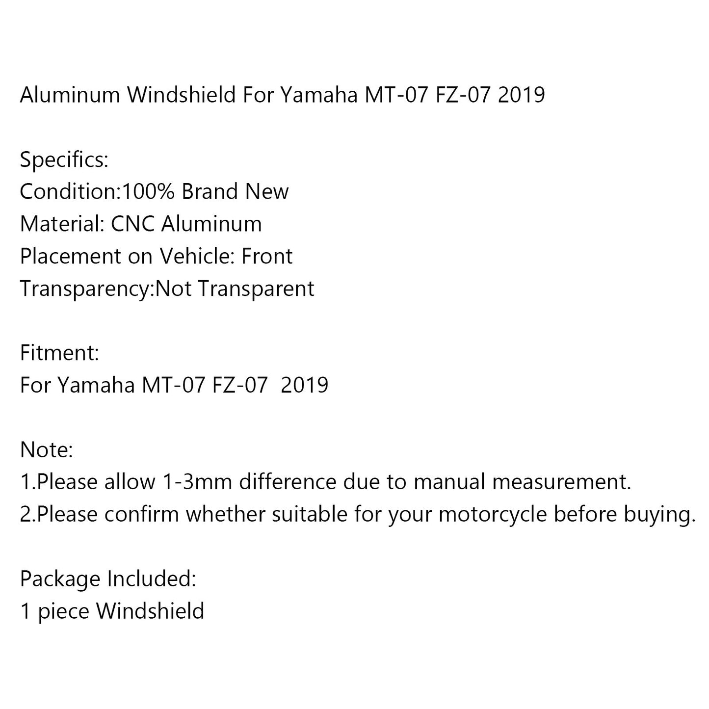Aluminum Windshield For Yamaha MT-07 2018 2019 Windscreen MT07 CNC Deflector