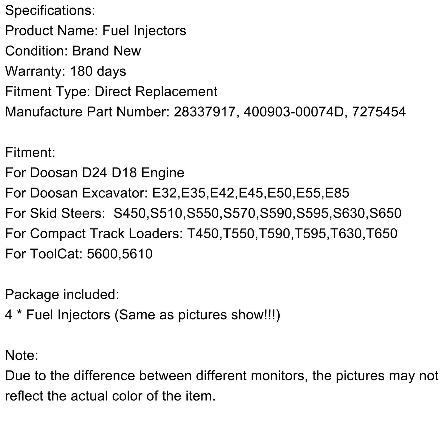 Doosan Excavator E32,E35,E42,E45,E50,E55,E854PCS Fuel Injectors 400903-00074D 28337917 7275454