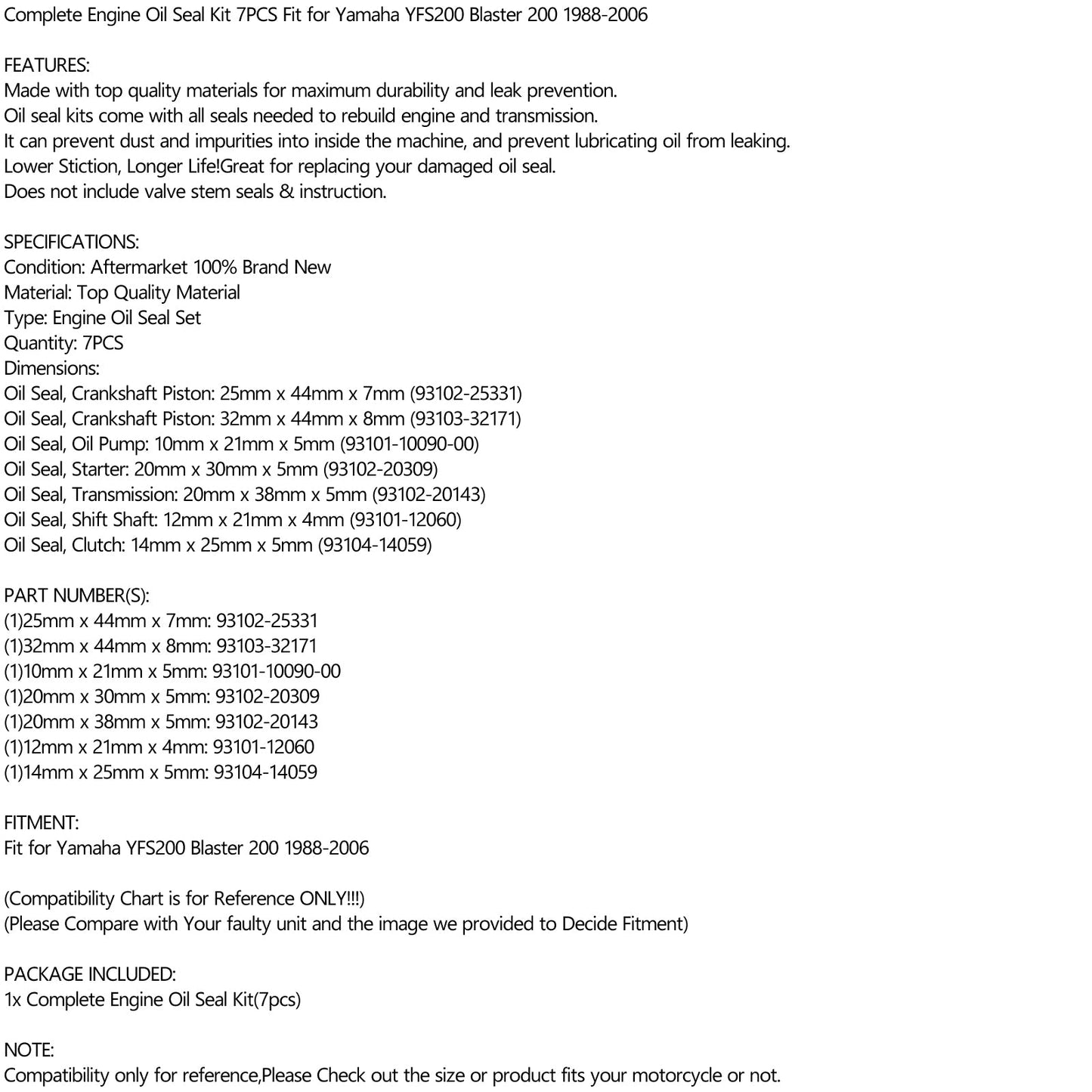 Engine Oil Seal Kit 7PCS For Yamaha YFS200 Blaster 200 1988-2006