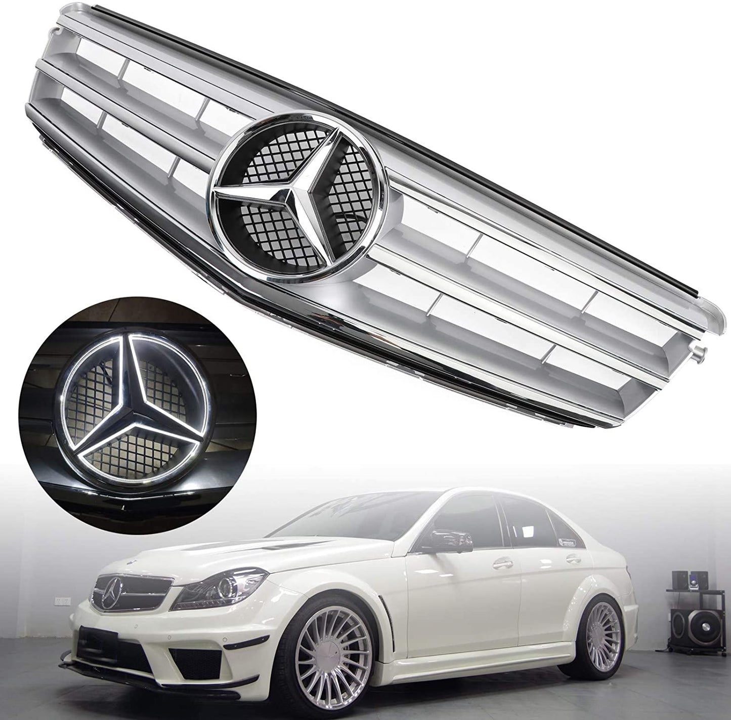 Front Grille Fit For Benz W204 C300 C350 2008-2014 W/LED Emblem CHR