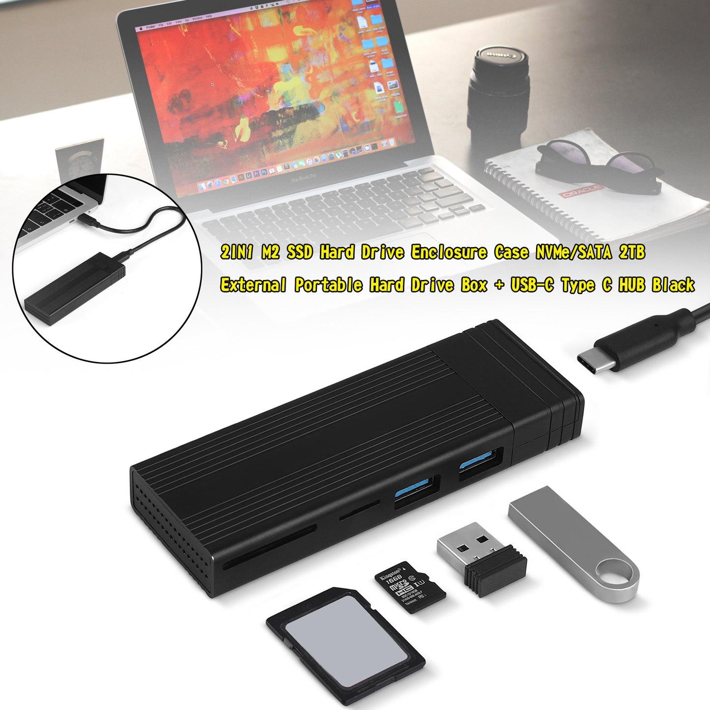 SSD Hard Drive Enclosure Case M.2 NVMe/SATA 2TB Portable Box + USB-C HUB