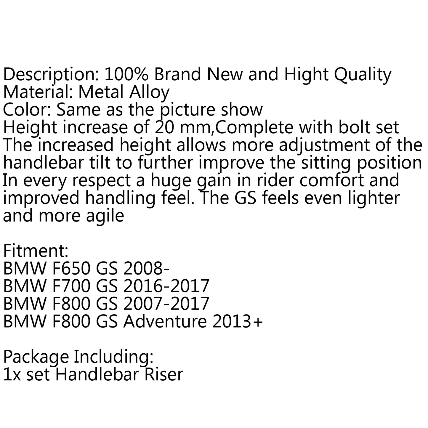 Handlebar Riser Kit Moves Bar Up 20mm 7/8" For BMW F650GS Twin F700GS F800GS SIL