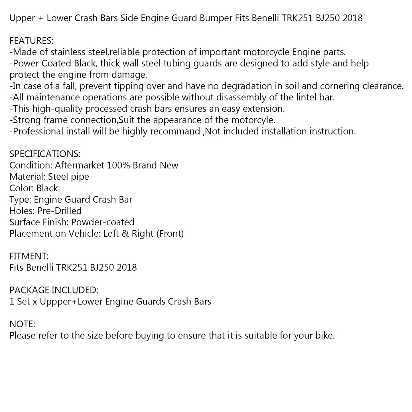 Upper + Lower Crash Bar Engine Guard Bumper Set for Benelli TRK251 BJ250 2018