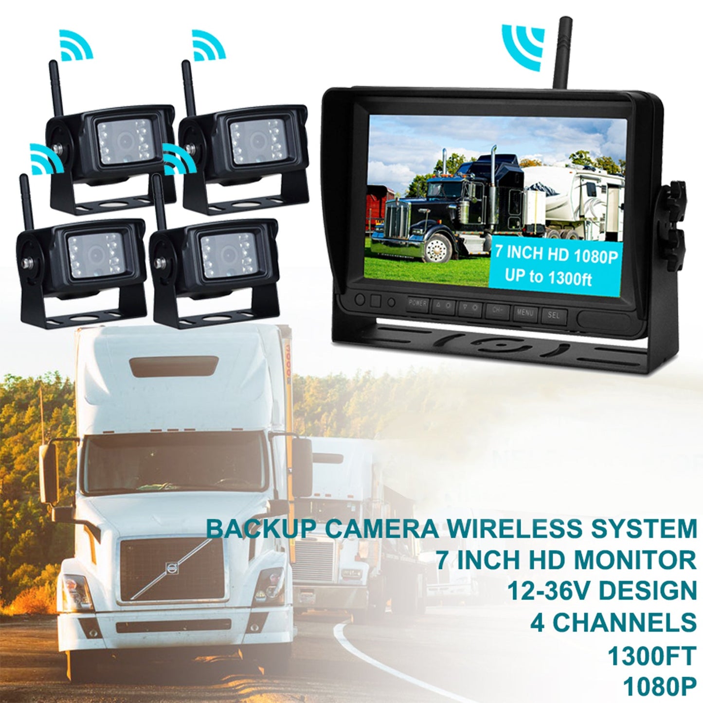 7" Truck Trailer 1080P Display 4CH Rear View Backup Camera Wireless AHD Kit