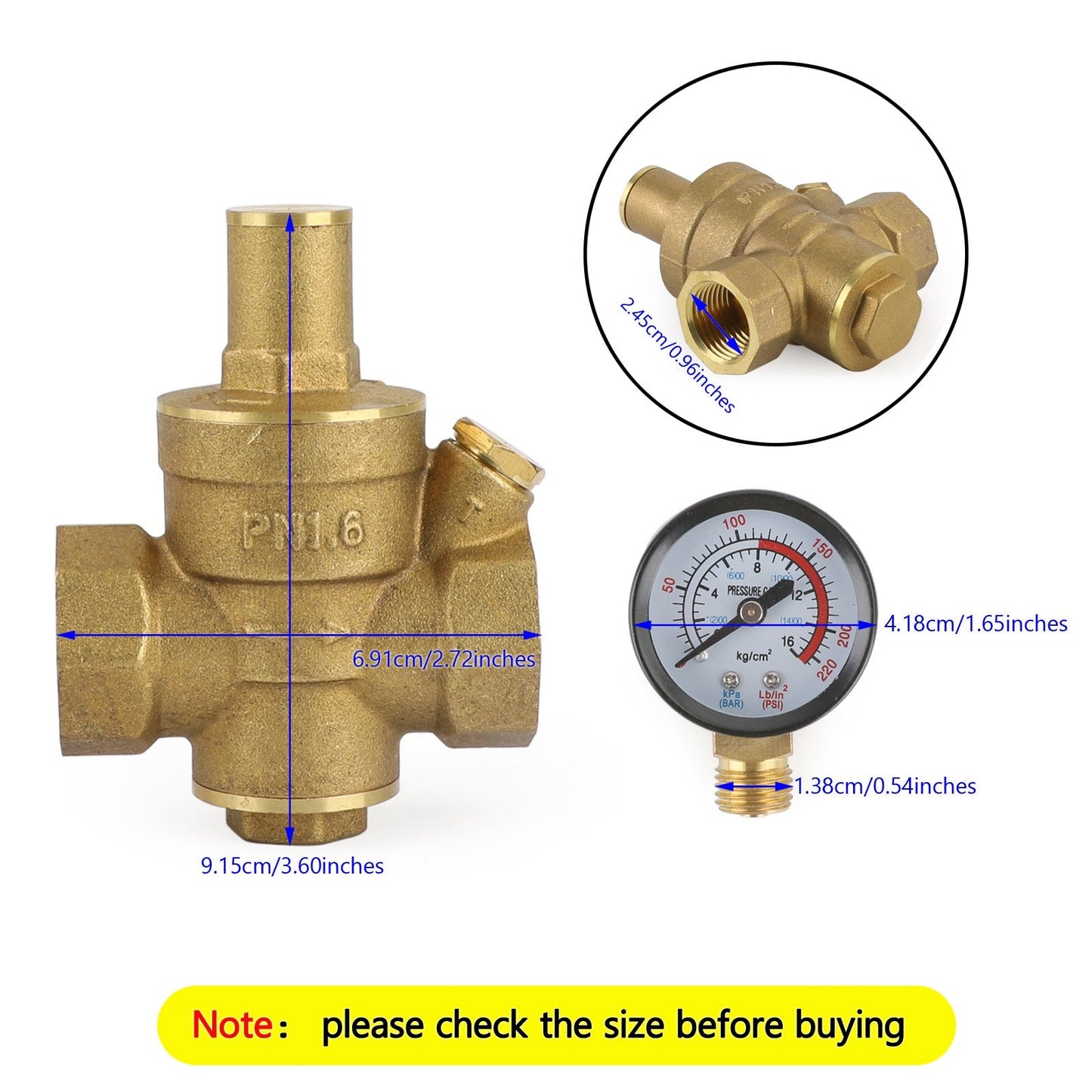 DN20 3/4" Brass Adjustable Water Pressure Reducing Regulator Valves With Gauge