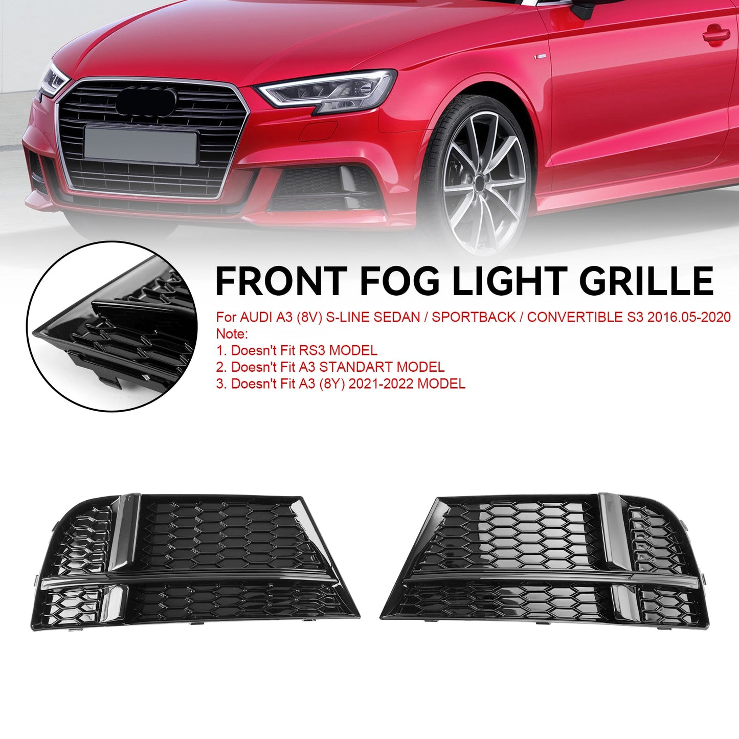 Front Fog Light Cover Bezel Grill Grille Fit AUDI A3 8V S-LINE 2017-2019