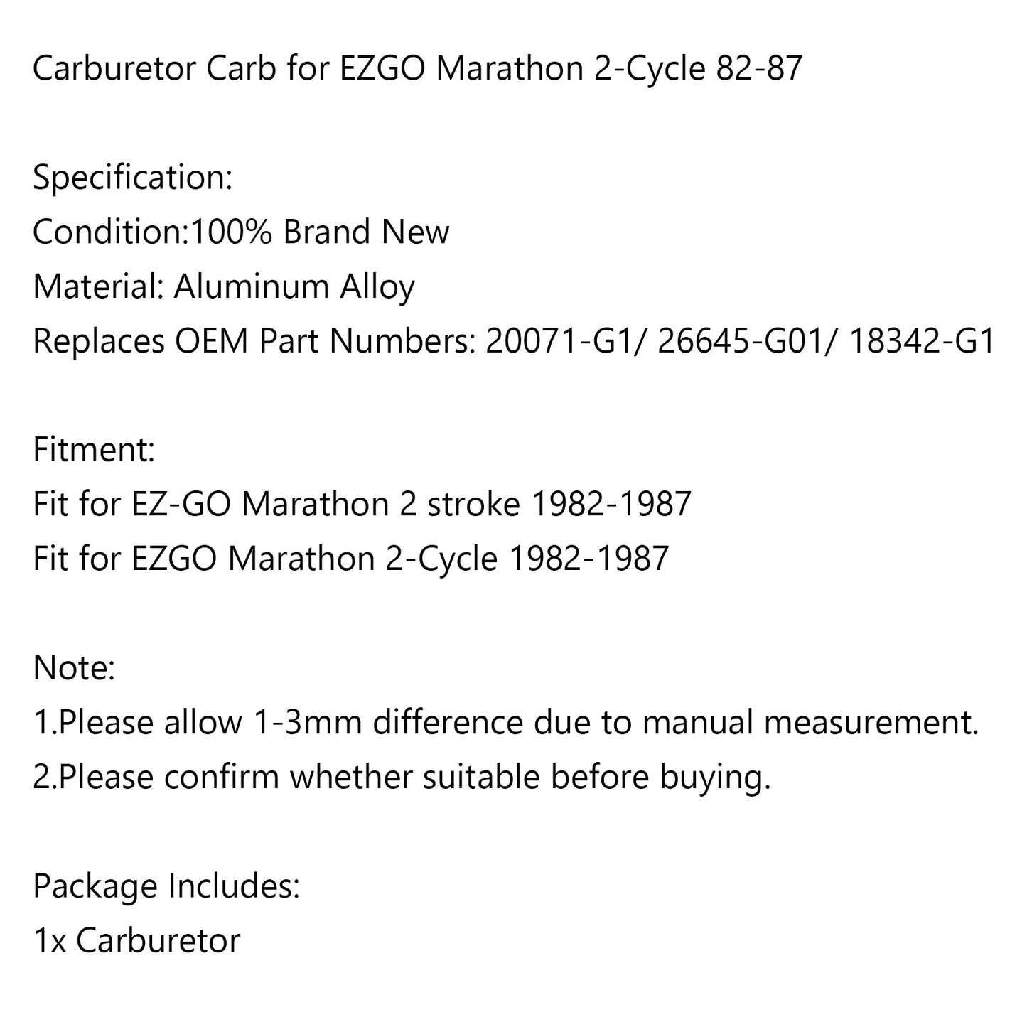 Carburetor Carb For EZGO Marathon 2-Cycle 2 stroke 82-87