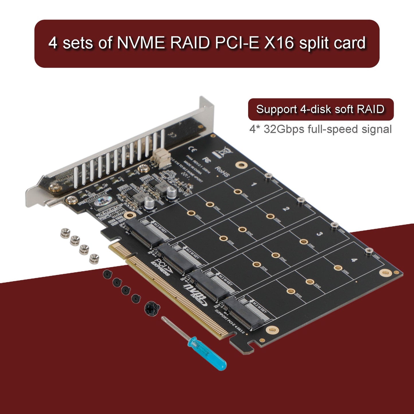 PCI-E Signal Split Array Card PH44 X16 NVME 4 Disk Array Card Support M.2 SSD