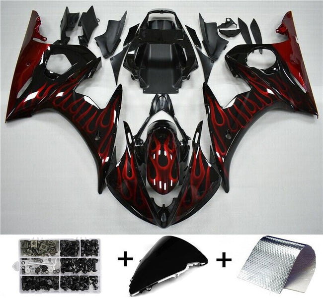 2003-2004 Yamaha YZF R6 Amotopart Fairing Black&Red Flame Kit