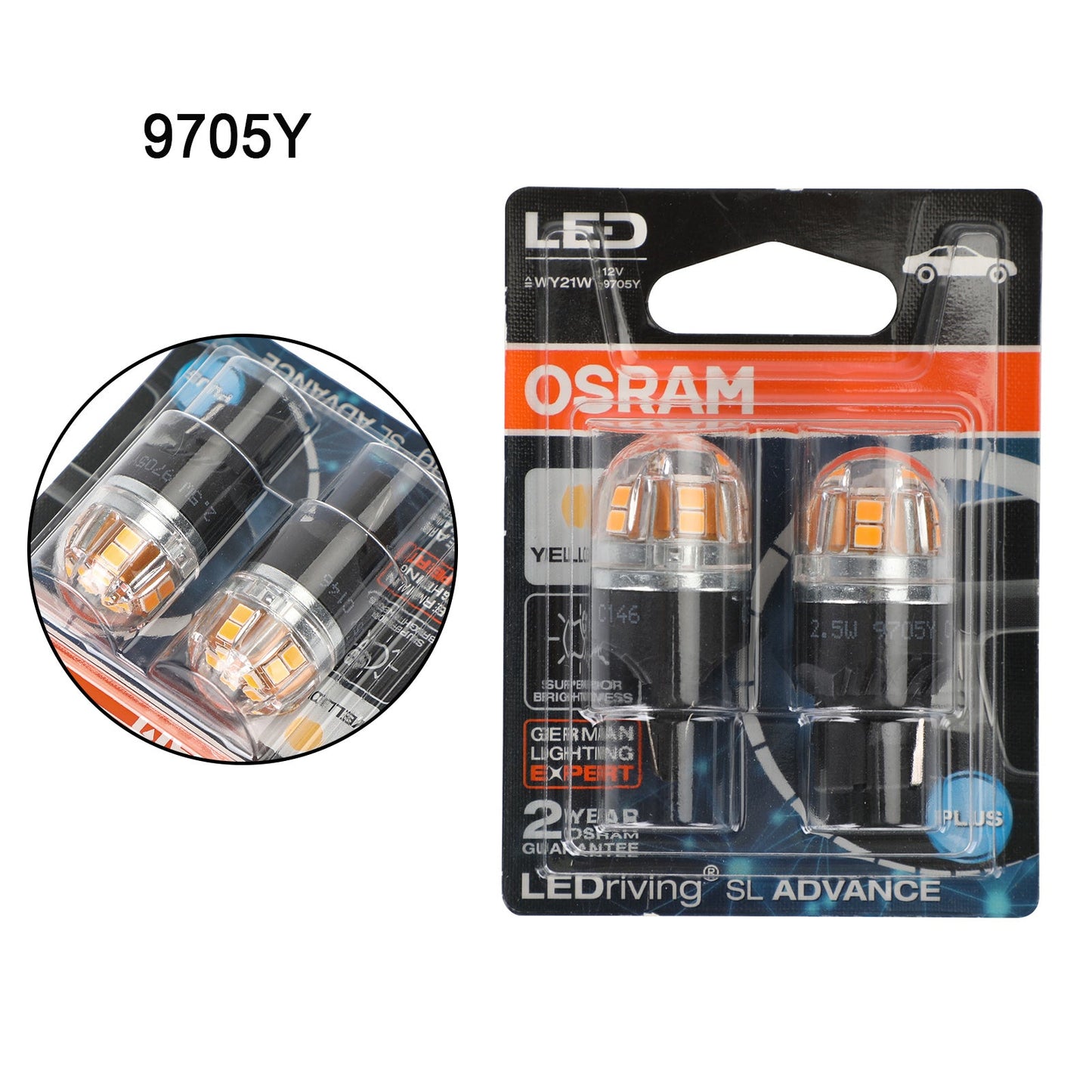 2x For OSRAM 9705Y Car Auxiliary Bulbs LED WY21W 12V2.5W WX3x16d