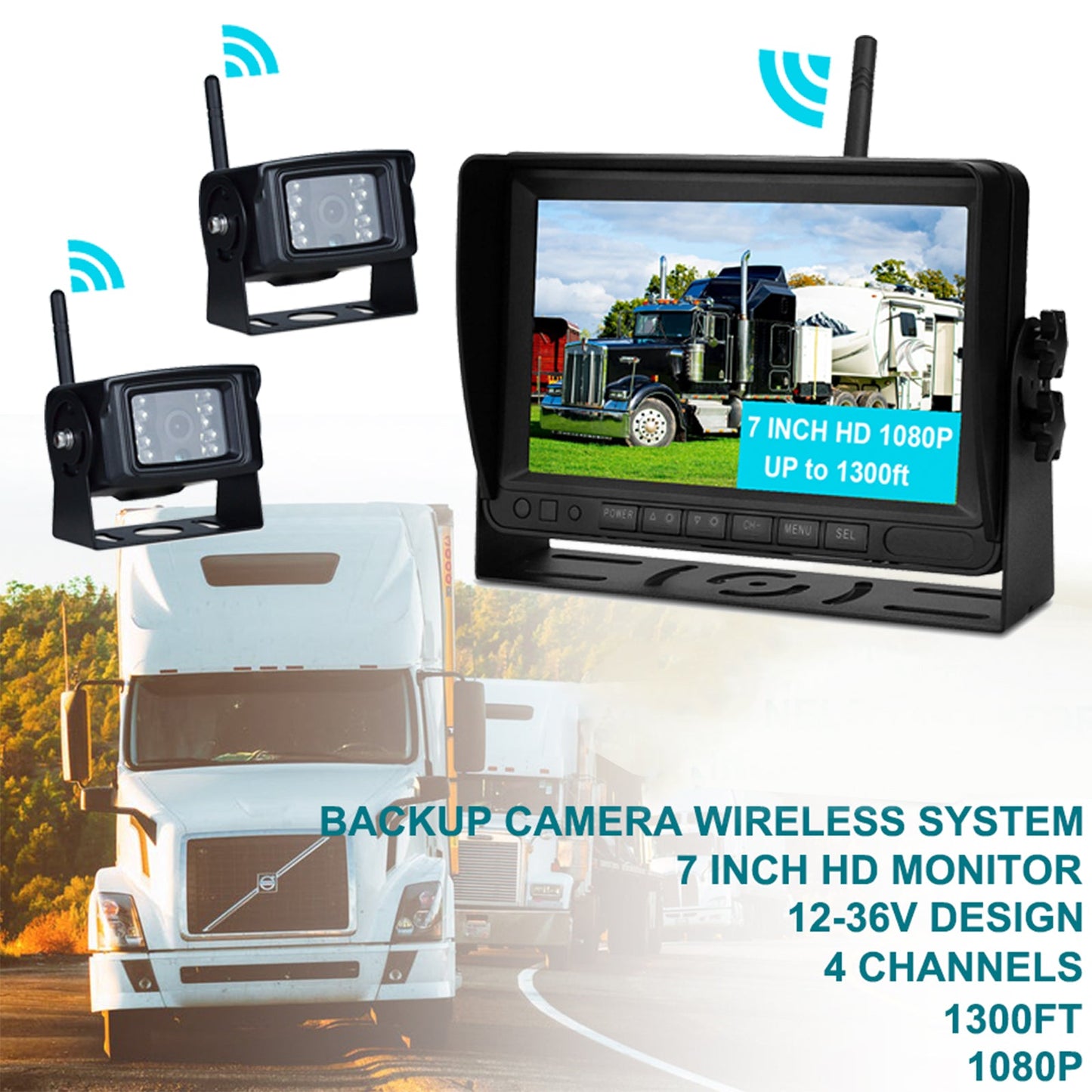 7" Display AHD 1080P Wireless 2CH Rear View Backup Camera Kit for Truck Trailer