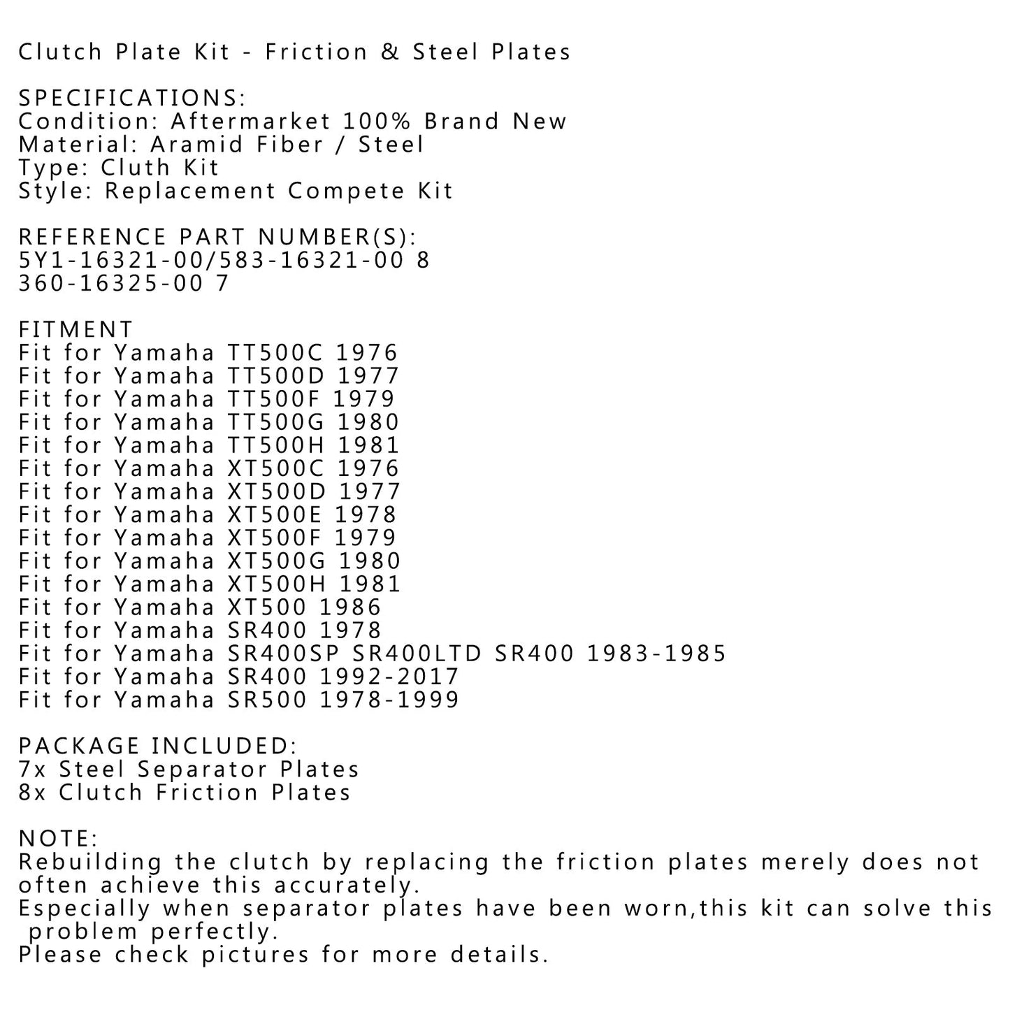 Clutch Plate Kit - Friction & Steel Plates For Yamaha TT500C/D/F/H/G XT500C/D/E/F/G/H XT500 SR400/SP SR500