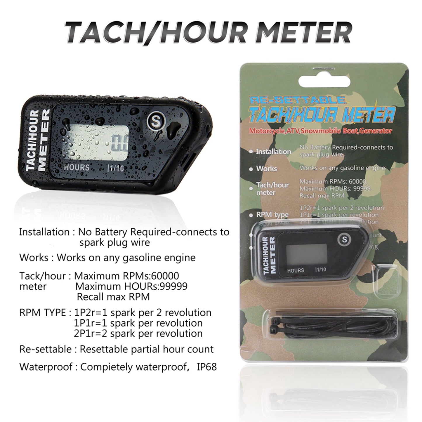 Water Proof Lcd Wireless Vibration Hour Meter Counter For Motocross Engine Boat