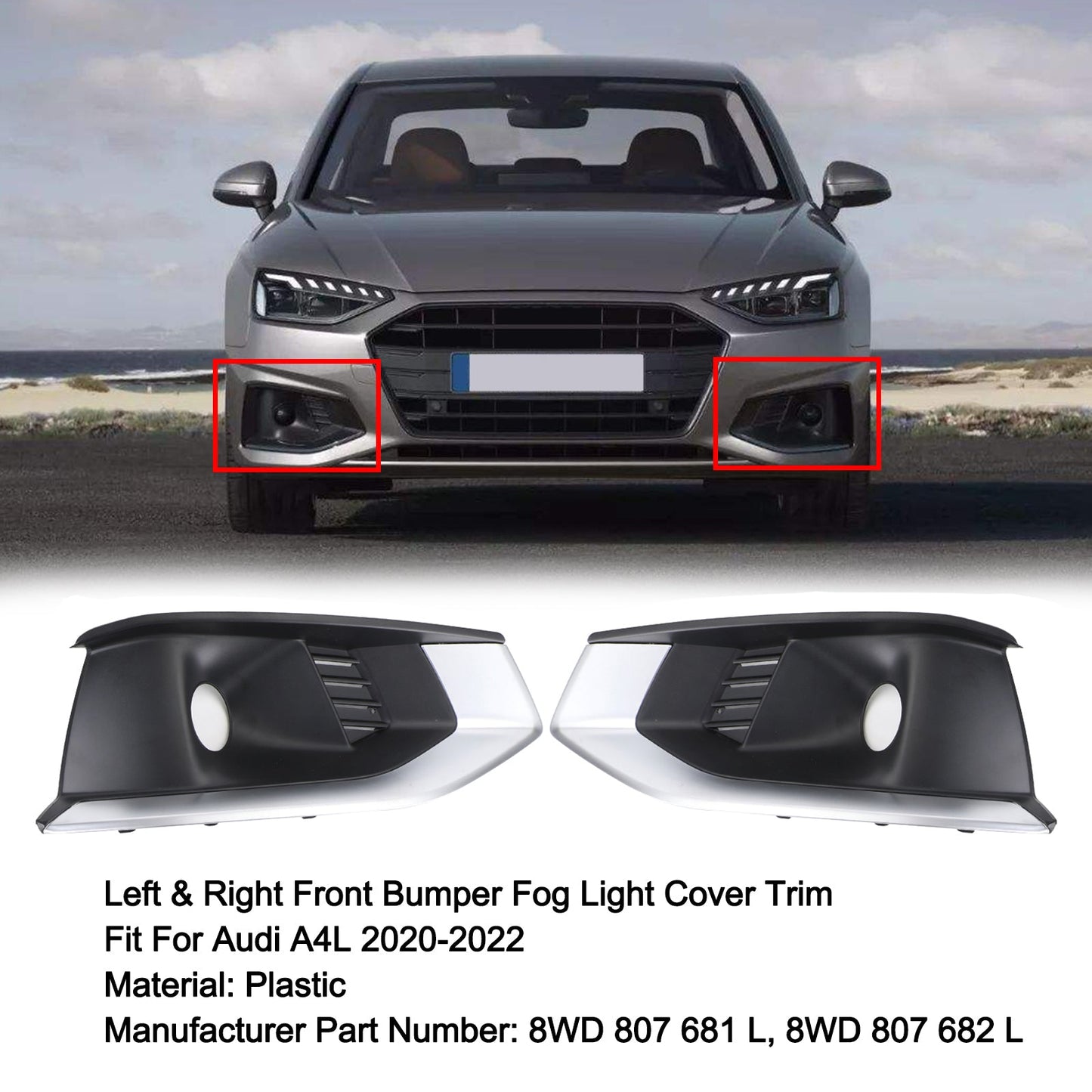 Left & Right Front Bumper Fog Light Grille Cover Trim For Audi A4L 2020-2022