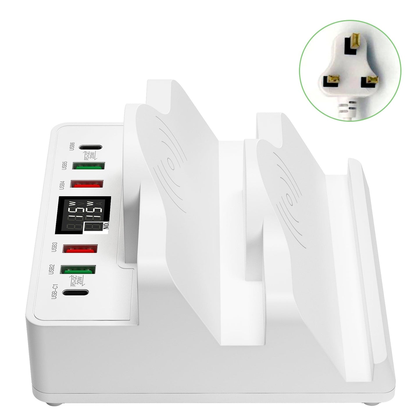 Dual Wireless Charging 15W 6 Port USB Charging Station Phone Holder UK Plug